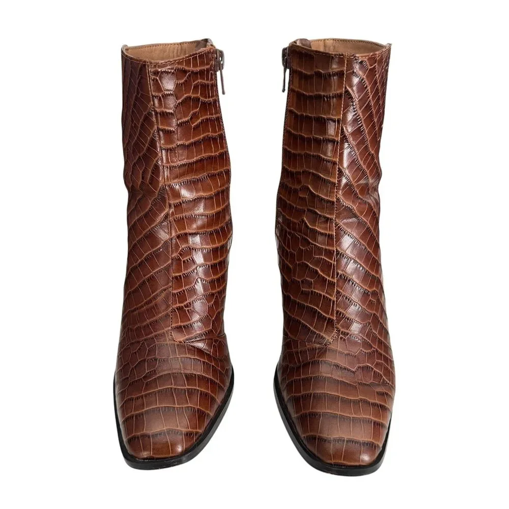 Vionic Harper Croc Boots Womens Size 6 Brown Leather‎ Ankle Block Heel Booties